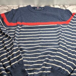 Vineyard Vines Blue and Red Striped Crewneck Sweater Merino S